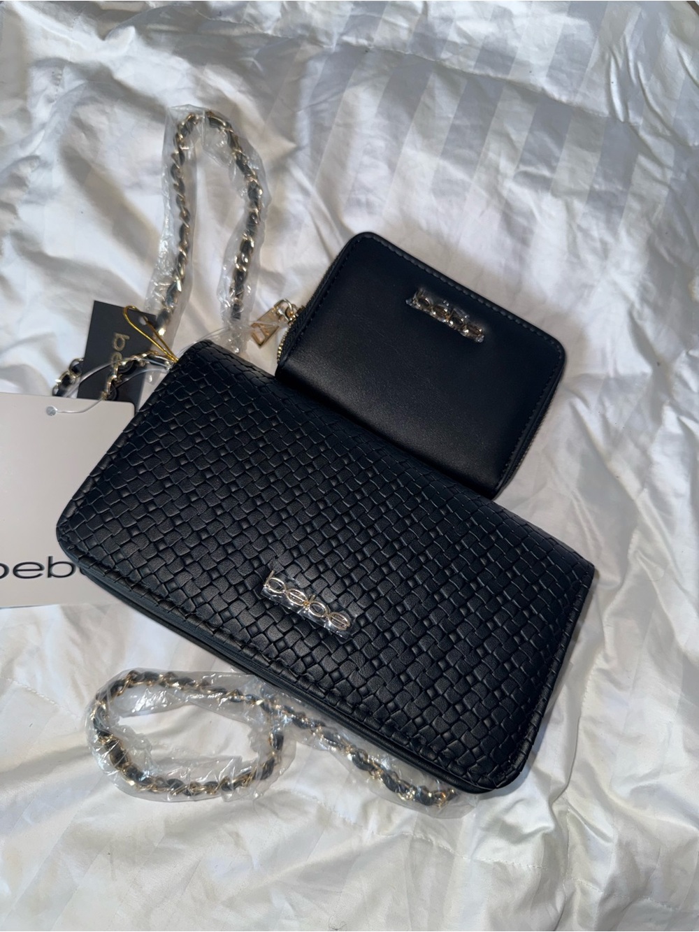 bebe Black Woven Crossbody Wallet with Matching Zip Pouch